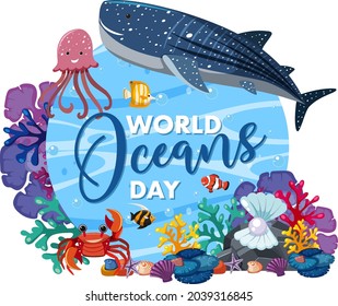 World Ocean Day banner with many different sea animals illustration