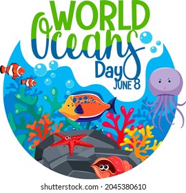 World Ocean Day banner with many different sea animals illustration