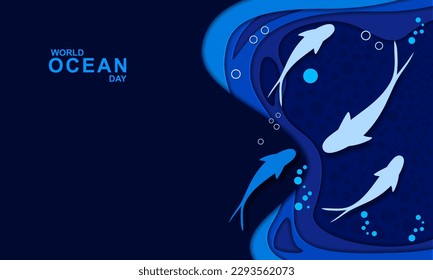 world ocean day Banner poster template. Paper cut underwater sea background vector.