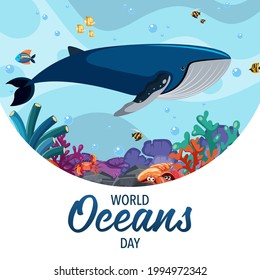 World Ocean Day banner with a whale in underwater with other sea animals illustration