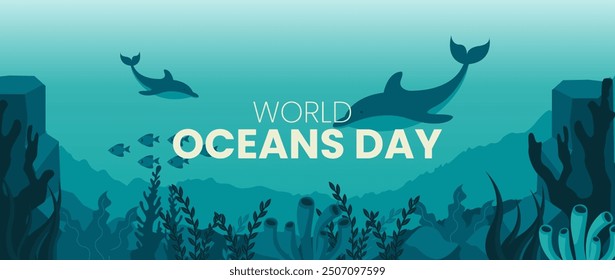 World Ocean Day with blue ocean background, fish, turtles and underwater plants