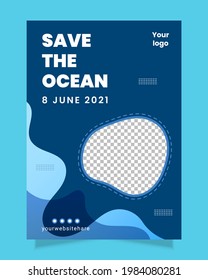 World Ocean Day blue flyer template design for world oceans day celebration. liquid shapes poster concept for protecting the oceans and stop ocean plastic pollution. save the ocean poster, brochure