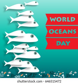 World Ocean Day card. Vector illustration. Creative abstract  poster with silhouette  fish. Suitable for banner, campaign, and greeting card.