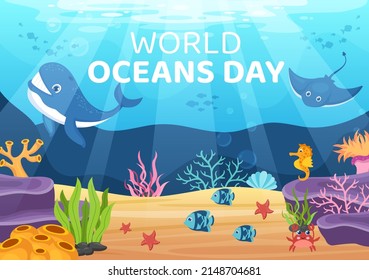 World Ocean Day Cartoon Illustration with Underwater Scenery, Various Fish Animals, Corals and Marine Plants Dedicated to Helping Protect or Preserve