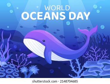 World Ocean Day Cartoon Illustration with Underwater Scenery, Various Fish Animals, Corals and Marine Plants Dedicated to Helping Protect or Preserve