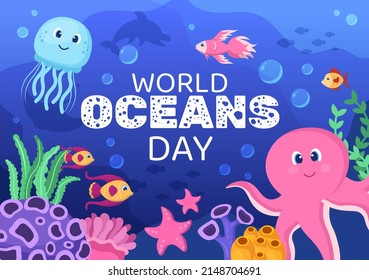 Ilustración del Día Mundial del Océano con el paisaje submarino, varios animales de peces, corales y plantas marinas dedicadas a ayudar a proteger o preservar