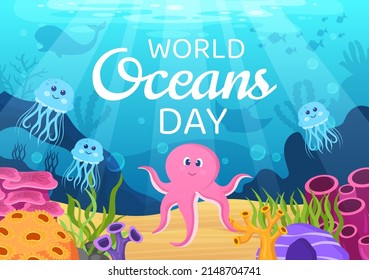 World Ocean Day Cartoon Illustration with Underwater Scenery, Various Fish Animals, Corals and Marine Plants Dedicated to Helping Protect or Preserve