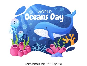 World Ocean Day Cartoon Illustration with Underwater Scenery, Various Fish Animals, Corals and Marine Plants Dedicated to Helping Protect or Preserve