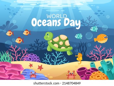 Ilustración del Día Mundial del Océano con el paisaje submarino, varios animales de peces, corales y plantas marinas dedicadas a ayudar a proteger o preservar