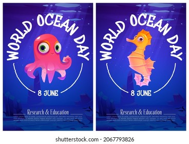 World ocean day cartoon posters with cute underwater animals octopus and sea horse at blue sea water. Invitation cards template for ecological holiday or event celebration, Cartoon vector illustration