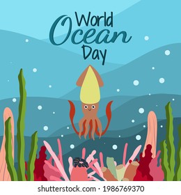World ocean day in cartoon style on blue background with cute squid, seaweed and corals. Square orientation. Vector graphic. June 8.