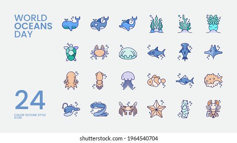 World Ocean Day Color Outline Icon Collection