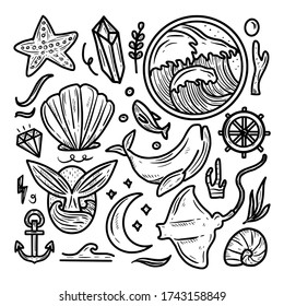 world ocean day doodle drawing sticker icon set collection, coloring vector art