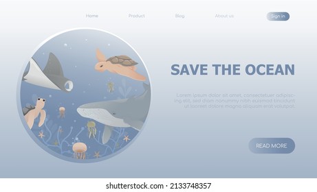 World ocean day. Earth day. Save ocean. Marine life in round window template for website, landing page. Flat vector illustration. Take care for nature and cleaning nature from garbage poster concept
