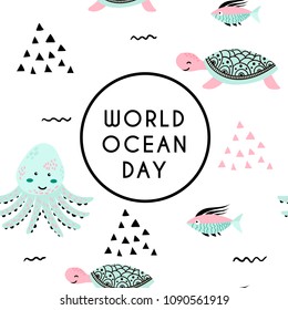 World ocean day greeting card. Underwater world. Fish, tortoise, octopus. Seamless pattern.