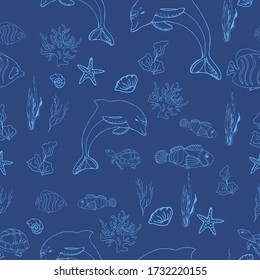 World Ocean Day. Greeting card for the ocean day. Seamless pattern with sea fish and shells in algae. Elegant print of fashionable blue color on marine subjects Print for fabric, packings, wall-paper.