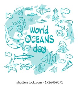 World ocean day hand drawn lettering and underwater animals.