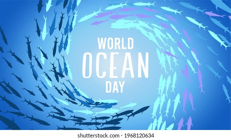 World ocean day. Happy World Ocean Day 2021. June 8th. Fish School silhouette illustration. Vector illustration. Perfect for banner, backdrop, wallpaper, flyer, brochure, poster, background, campaign.