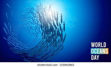 World ocean day. Happy World Ocean Day 2022. June 8th. Fish School silhouette illustration. Vector illustration. Perfect for banner, backdrop, wallpaper, flyer, brochure, poster, background, campaign.