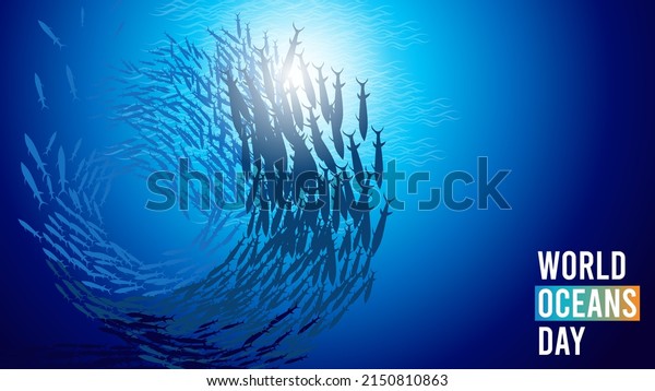 World ocean day. Happy World Ocean Day 2022.\
June 8th. Fish School silhouette illustration. Vector illustration.\
Perfect for banner, backdrop, wallpaper, flyer, brochure, poster,\
background, campaign.