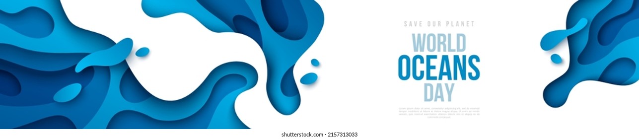 World Ocean day header template, blue waves paper cut style. Vector illustration. Papercut art banner underwater sealife. Sea marine life abstract concept. Save water ecology poster. Place for text