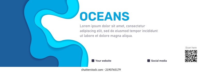 World Ocean day header template, blue waves paper cut style. Vector illustration. Papercut art banner underwater sealife. Sea marine life abstract concept. Save water ecology poster. Place for text