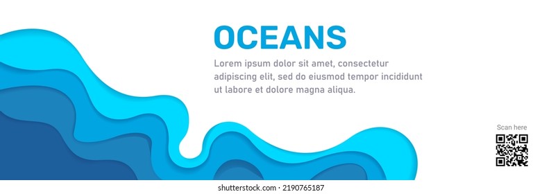 World Ocean day header template, blue waves paper cut style. Vector illustration. Papercut art banner underwater sealife. Sea marine life abstract concept. Save water ecology poster. Place for text