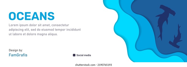 World Ocean day header template, blue waves paper cut style. Vector illustration. Papercut art banner underwater sealife. Sea marine life abstract concept. Save water ecology poster. Place for text