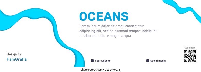 World Ocean day header template, blue waves paper cut style. Vector illustration. Papercut art banner underwater sealife. Sea marine life abstract concept. Save water ecology poster. Place for text