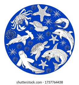 World Ocean Day. A holiday dedicated to the protection and preservation of the oceans, water, ecosystems. Blue background with whales, crabs, starfish, fish, turtles, lettering.