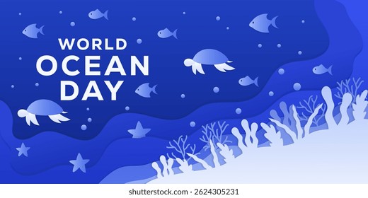 world ocean day horizontal banner illustration in paper art style
