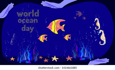 world ocean day. human hand holding help fish and sea horse life. doodle hand drawing colorful design style. vector illustration eps10