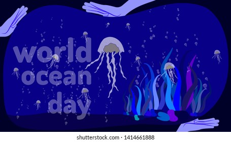 world ocean day. human hand holding help jellyfish medusa life. doodle hand drawing colorful design style. vector illustration eps10