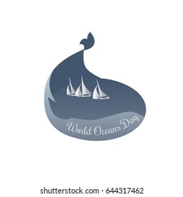 World ocean day icon. Typography poster concept June 8. Hand drawn cartoon style. Whale cachalote and sea boats sign. Save the oceans emblem. Maritime nautical symbol. Vector illustration background