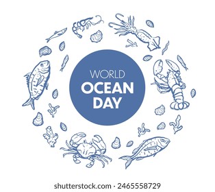 World Ocean Day illustration with blue marine life drawings forming a circle around the text. Vector design for posters, banners, and prints.