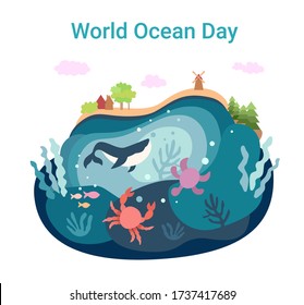 World Ocean Day. June 8. Picture for world ocean day.  Large whale, crab and turtle swim at different levels of the ocean. And over the ocean a small piece of a land with houses, a mill, trees.