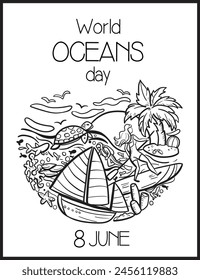 World ocean day. June 8. Greeting card for Ocean day celebration.coloring page