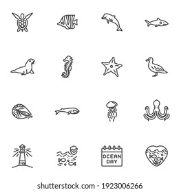 World ocean day line icons set, sea life outline vector symbol collection, linear style pictogram pack. Signs, logo illustration. Set includes icons as marine animals, turtle, dolphin, shark, octopus