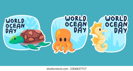 Campaña mundial de criaturas de animales marinos Día del océano salva el planeta conjunto de objetos de agua colección ilustración pegatina doodle estilo de caricatura