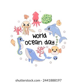 world ocean day, marine world, dolphin, whale, fugu fish, squid, seahorse.
