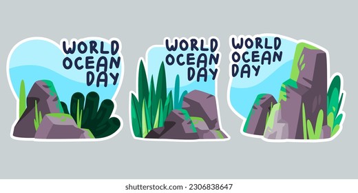 World ocean day marine ecology campaign save the planet water object set collection drawing illustration sticker doodle cartoon style