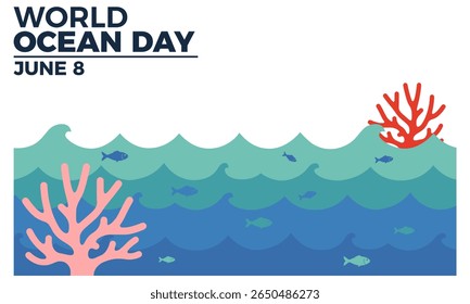 mundo dia do oceano marinho vida marinha natureza banner poster plana cor vetor ilustração modelo design