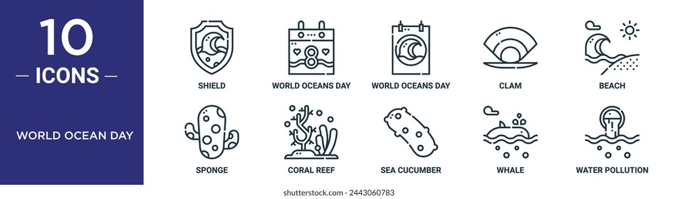 world ocean day outline icon set includes thin line shield, world oceans day, world oceans day, clam, beach, sponge, coral reef icons for report, presentation, diagram, web design