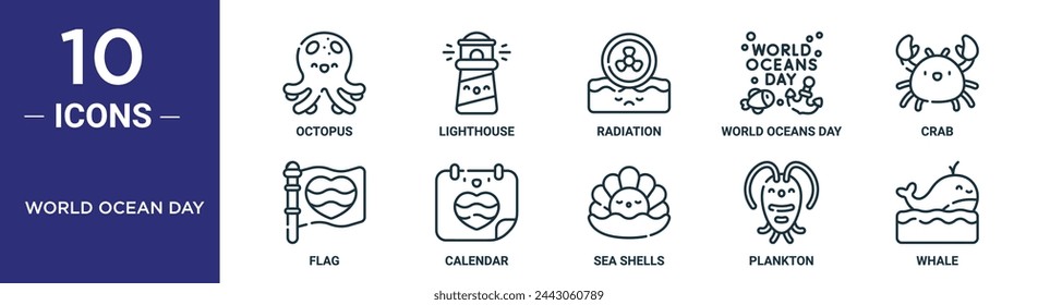 World Ocean Day Outline Icon Set enthält dünne Linie Oktopus, Leuchtturm, Strahlung, World Oceans Day, Krabbe, Flagge, Kalender Icons für Bericht, Präsentation, Diagramm, Web Design