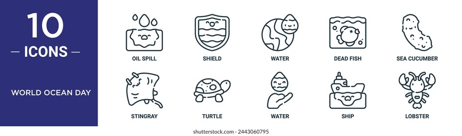 world ocean day outline icon set includes thin line oil spill, shield, water, dead fish, sea cucumber, stingray, turtle icons for report, presentation, diagram, web design