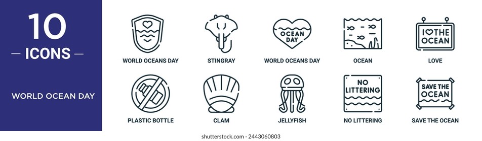 world ocean day outline icon set includes thin line world oceans day, stingray, world oceans day, ocean, love, plastic bottle, clam icons for report, presentation, diagram, web design