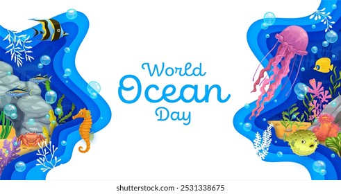 World ocean day paper cut banner with underwater landscape and cartoon sea animals. 3d vector environmental and conservation papercut awareness with marine creatures like fish, seahorse and jellyfish