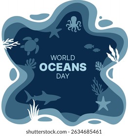 World Ocean Day Paper Cut Design, A layered paper cut-style vector for World Ocean Day, showing marine life, waves, and ocean depth. Great for eco events, awareness campaigns, and ocean-themed graphic