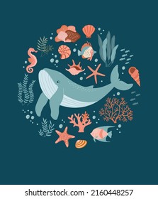 World ocean day poster. Hand drawn whale and sea life elements. Beautiful underwater world in flat style. Vector set of marine objects, summer print. Fish, jellyfish, shells, seaweed and corals. 