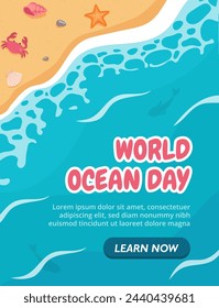 World ocean day poster. International holiday and festival 8 June. Tropical and exotic countries and islands. Care about ecology. Landing webpage design. Cartoon flat vector illustration